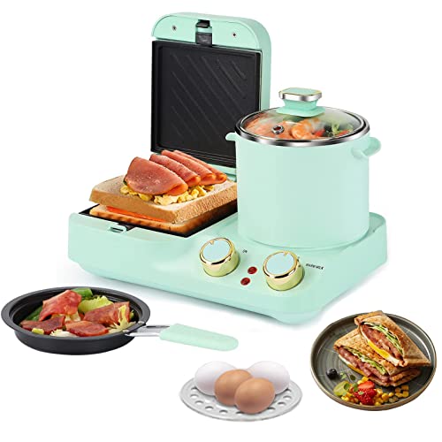 Mindore 3 in 1 Breakfast Station, Electric Retro Toaster Breakfast Machine Sandwich Maker with Detachable Non-stick Coating Plate,Stockpot with Glass Lid,Frying Pan, Household Breakfast Appliances