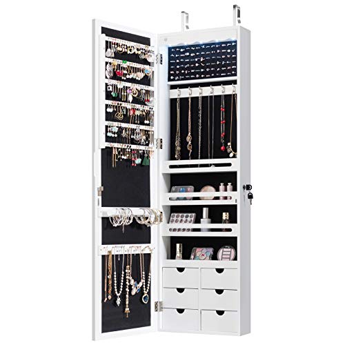 DORTALA 5 LED Lights Jewelry Cabinet, Lockable Wall/Door Mounted Jewelry Armoire with Full-Length Mirror & 6 Drawers, Large Capacity Jewelry Organizer for Girls Women, White