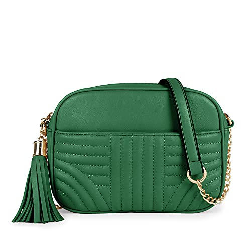EVVE Quilted Crossbody Bags for Women - Stylish Camera Bag with Tassel - Lightweight Medium Size Shoulder Purse | Kelly Green