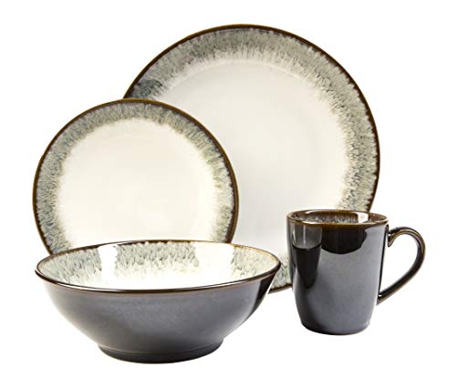 Sango Novelle 16-Piece Stoneware Dinnerware Set with Round Plates, Bowls, and Mugs, Moss Green