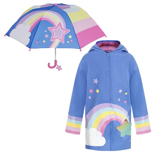 addie & tate Rainbow Rain Coats for Girls with Stars & Kids Umbrella Set - Kids Umbrellas for Rain - Kid Raincoat Rain Jacket for 5-7