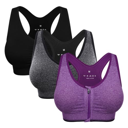 Women's Zip Front Sports Bra Wireless Post-Surgery Bra Zipper Yoga Sports Bras Plus Size Surgical Sports Bra Pack Mastectomy Bras for Women Front Closure Bra (X-Large, 3 Pack(Black+Grey+Purple))