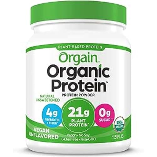 Orgain Organic Vegan Protein Powder, Natural Unsweetened - 21g of Plant Protein, 4g Prebiotic Fiber, Low Net Carbs, No Lactose Ingredients, No Added Sugar, Non-GMO, For Shakes & Smoothies, 1.59 lb