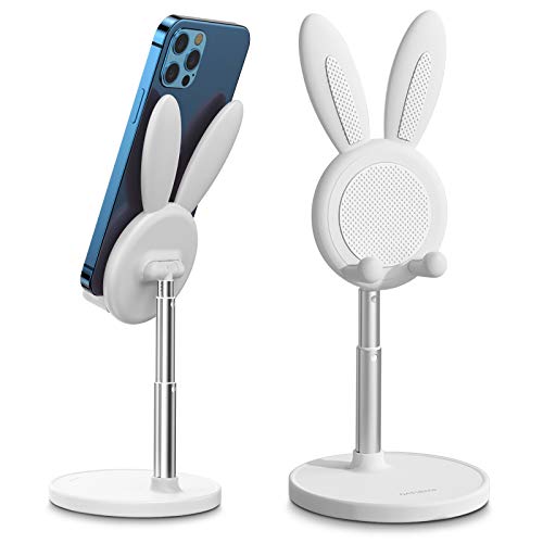 OATSBASF Cute Cell Phone Stand, Adjustable Bunny Phone Stand for Desk, Thick Case Friendly Holder Compatible with iPhone, Kindle, iPad, Switch, All Phones (White)
