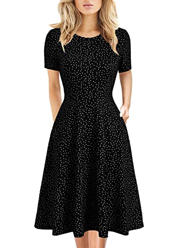 Women's Elegant Vintage Cotton Casual Floral Print Work Party A-Line Swing Dress with Pockets 162 (S, Black Dot)