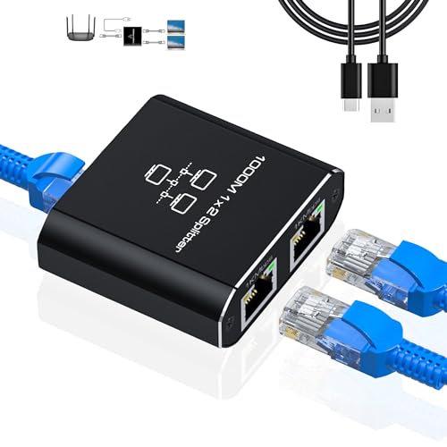 LIEZHUA Gigabit Ethernet Splitter 1 to 2 - Network Splitter with USB Power Cable, RJ45 Internet Splitter Adapter 1000Mbps High Speed for Cat 5/5e/6/7/8 Cable [2 Devices Networked Simultaneously]