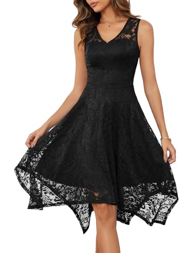 Meetjen Womens Cocktail Dress Floral Lace Prom Dress V-Neck Midi Asymmetrical Dress for Wedding Guest Dress Black M