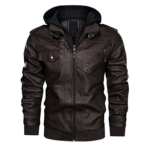 CRYSULLY Men's Stand Collar PU Motorcycle Jacket Vintage Leather Racer Coat Outwear Coffee