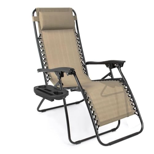 EZONE Zero Gravity Lounge Chairs Outdoor Adjustable Reclining Patio Chair Steel Mesh Folding Recliner for Pool Beach Camping Lounge Chair with Pillows and Cup Tray (1, Beige)