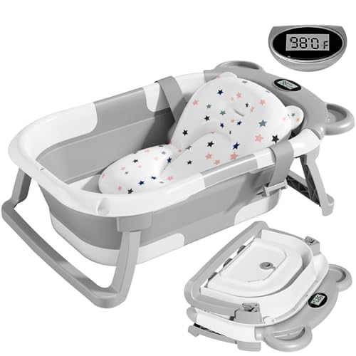 TPN Collapsible Baby Bathtub for Infants to Toddler with Real-time Temp Monitor+Floating Cushion,Foldable Baby Bath Tub Set Applicable 0-36 Month,Perfect Portable Travel Baby Tub for Newborns Boy