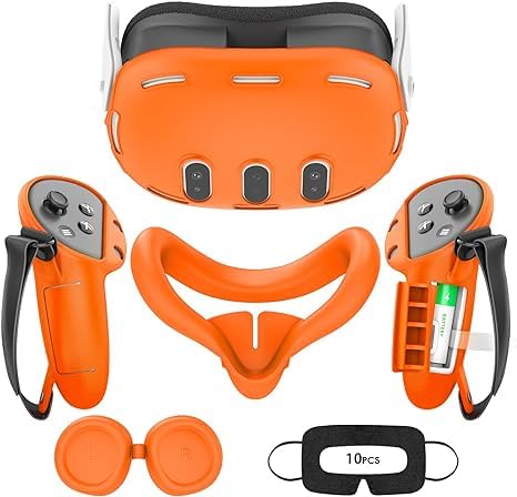 Relohas Deluxe VR Accessories for Meta Quest 3, 4 in 1 Silicone Protective Case Set for Oculus Quest 3, Controller Grip Cover, VR Shell Cover, Face Cover, Gifts for Christmas & Halloween (Orange)