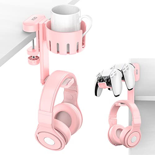 KDD Rotatable Headphone Hanger - 3 in 1 Under Desk Clamp Controller Stand Replaceable Cup Holder - Compatible with Universal Headset, Controller, Cup(Pink)