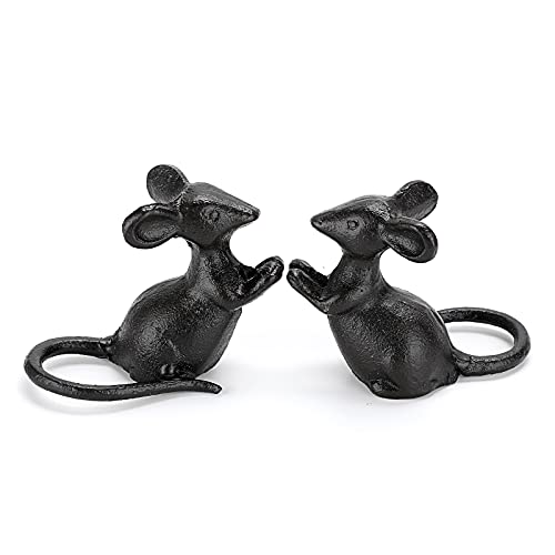 OwnMy 2 Cast Iron Cute Mouse Figurine Sculpture Black Mice Statues Carved Desktop Ornaments Figurines, Decorative Creative Animal Figurine Indoor Outdoor Statues for Garden Patio Yard Home Decoration