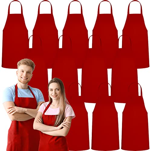 GREEN LIFESTYLE 12 Pack Bib Apron - Unisex Red Aprons, Machine Washable Aprons for Men and Women, Kitchen Cooking BBQ Aprons Bulk (Pack of 12, No Pockets, Red)