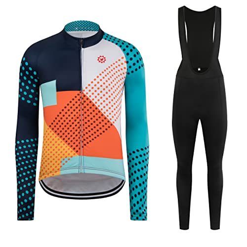 GCRFL Winter Cycling Jersey Sets Thermal Fleece Bike Jersey + Bib Pants, Long Sleeve Cycling Clothing Sets for Man (Navy, XL)
