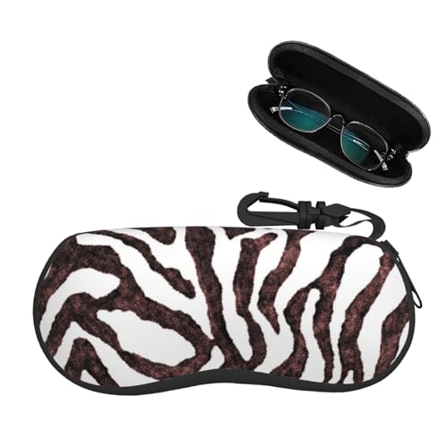 AOYEGO Brown Zebra Skin Glasses Case Soft Eyeglass Case for Women Men Animal Fur Black Brown Striped Portable Zipper Sunglasses Case with Carabiner Hook