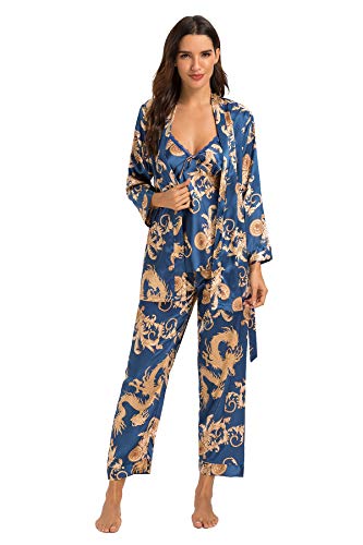 Escalier Women's Silk Satin Pajamas Set 3 Pcs Floral Silky Pj Sets Sleepwear Cami Nightwear with Robe and Pants Navy M