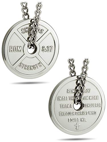 Shields of Strength Men's Stainless Steel Weight Plate Necklace-Romans 8:37