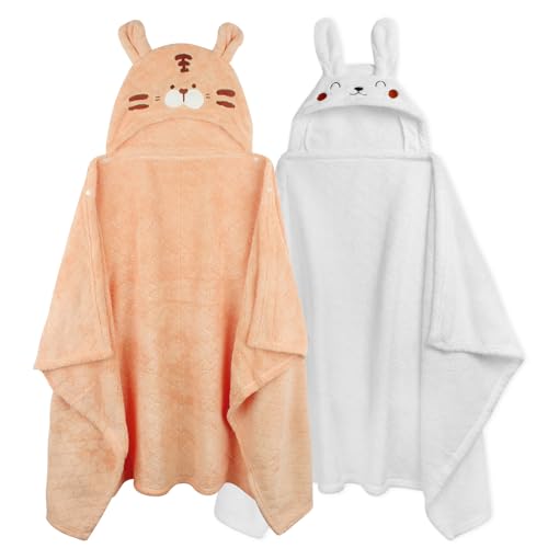 Baby Towels with Hood Toddler Bath Towel Baby Hooded Towels for Toddlers 0-5 Years, 2-Pack Absorbent Kids Towels with Hood Toddler Towels Soft 50 x 32In Baby Beach Towel for Girl Boy (Orange&White)