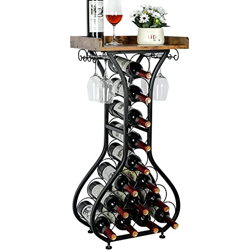 X-cosrack Wine Rack Freestanding Floor, Mini Bar Table Wine Holder Stand Liquor Cabinet with Glass Holder Wood Tabletop 14 Bottles Floor Wine Storage for Home Bar Kitchen Dining Living Room