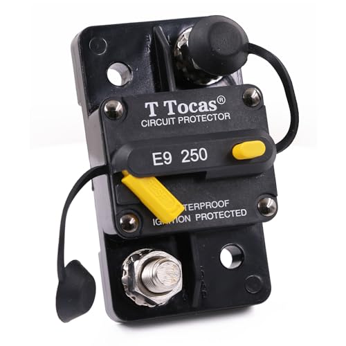 T Tocas Hi-Amp Type III 250 Amp Circuit Breaker Manual Reset with Switch Button, 12V - 48V DC, Waterproof Surface-Mount Breakers for Rv Trolling Motors Marine Boat Car Audio Solar System (250a)