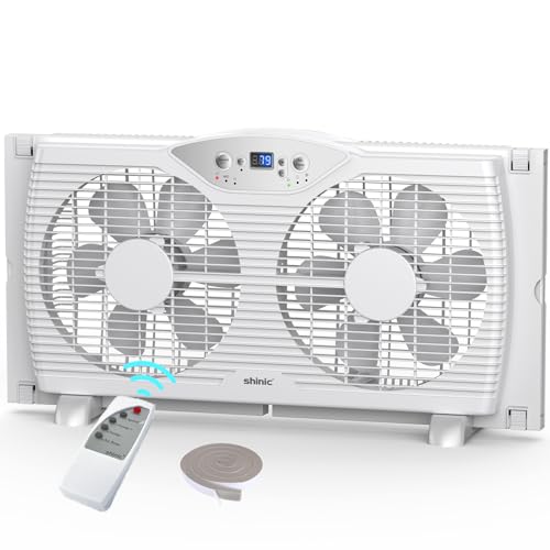 shinic Twin Window Fan with Remote, 9-Inch Blades Reversible Airflow, Thermostat Control, 3 Speeds, 3 Functions, 23.8'-37' Expandable Width, Window Exchaust Fans for Home Bedroom, ETL Certified