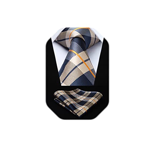 HISDERN Ties for Men Brown Plaid Tie and Pocket Square Set Formal Mens Navy Ties Handkerchiefs Gingham Checkered Silk Neckties for Tuxedo Wedding