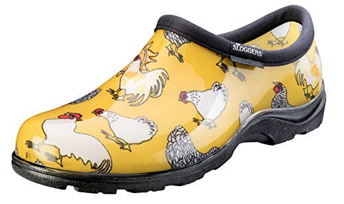 Sloggers Waterproof Garden Shoe for Women – Outdoor Slip On Rain and Garden Clogs with Premium Comfort Insole, (Chickens Daffodil Yellow), (Size 9)