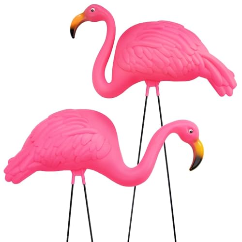 GIFTEXPRESS Pink Flamingos Yard Decorations - 2 Pack Extra Large 24' Tall Plastic Flamingo Statue w/Metal Stakes - Lawn Ornaments & Garden Decor for Outdoor Parties