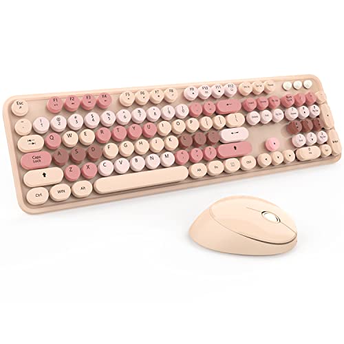 Wireless Keyboard and Mouse, KOOTOP Cute Keyboard and Mouse, 2.4G Wireless Keyboard with Retro Round Keycap for PC, Mac, Laptop,Tablet,Computer Windows (Milk Tea)