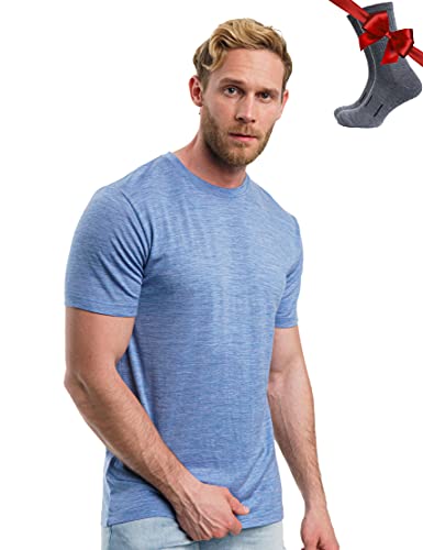 Merino.tech Merino Wool T-Shirt Mens - 100% Organic Merino Wool Undershirt Lightweight Base Layer + Hiking Wool Socks (Deep Blue, Large)