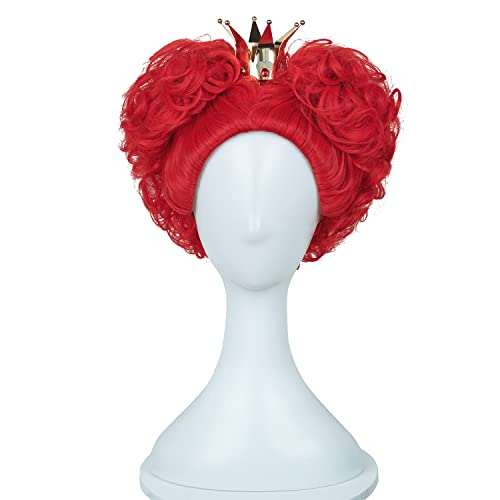 Probeauty Red Curly Wigs with Crown, Synthetic Hair Anime Queen Wig, Red Hearts Halloween Cosplay Wig + Wig Cap