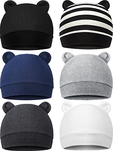 6 Pieces Newborn Baby Hat Bear Ears Infant Caps Baby Boy Girl Toddler Hats Infant Beanie Caps for 0-3 Months (Black White, Black, Navy Blue, Black Gray, Gray, White,Classic)