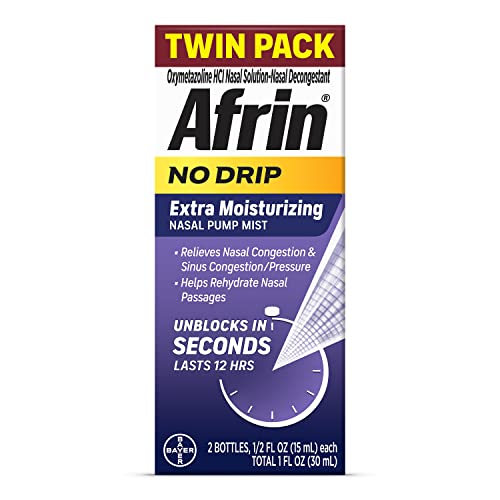 Afrin No Drip Extra Moisturizing Pump Nasal Mist Twin Pack, - Nasal Relief Spray For Nose Congestion and Nasal Relief, 1 Fluid Ounce Total (0.5 FL OZ Bottles) (Packaging May Vary)