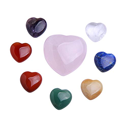 8 Chakra Heart Stones Set-Reiki Healing Crystal Chakra Heart Stones with a Rose Quartz Heart Shaped Stones