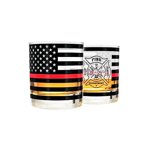 Greenline Goods Thin Red Line Firefighter Whiskey Old Fashioned Glasses (Set of 2) - 10 oz - Classic Glass Drinkware with Fire Fighter Flag Graphics -Shows Support for First Responders
