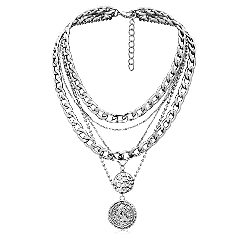 MJartoria Silver Layered Necklaces for Women Trendy Retro Coin Pendant Silver Necklace Dainty Chunky Link Chain Choker Necklaces for Girls Jewelry Birthday Gifts