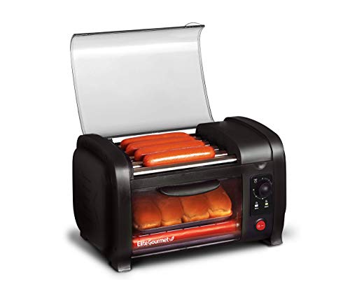 Elite Gourmet Elite Cuisine EHD-051B# Hot Dog Toaster Oven, 30-Min Timer, Stainless Steel Heat Rollers Bake & Crumb Tray, World Series Baseball, 4 Bun Capacity, Black