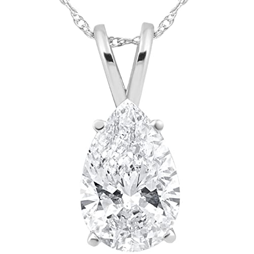 P3 POMPEII3 3 Ct Pear Shape Solitaire Lab Grown Diamond Pendant 14k White Gold Necklace