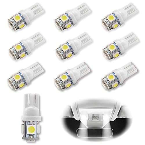 RBOKO 10PCS 194 LED Light Bulb 6000K Wedge T10 LED Bulb 5SMD 5050 Chips, 168 T10 2825 5SMD DC 12V Replacement Bulbs for Car Dome Map Door Courtesy License Plate Lights (White)