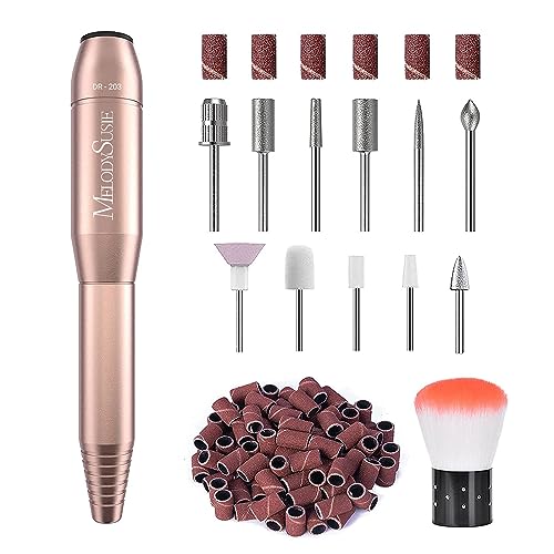MelodySusie Electric Nail Drill Machine 11 in 1 Kit,Portable Electric Nail File Efile Set for Acrylic Gel Nails, Manicure Pedicure Tool with Nail Drill Bits Sanding Bands Dust Brush, Gold