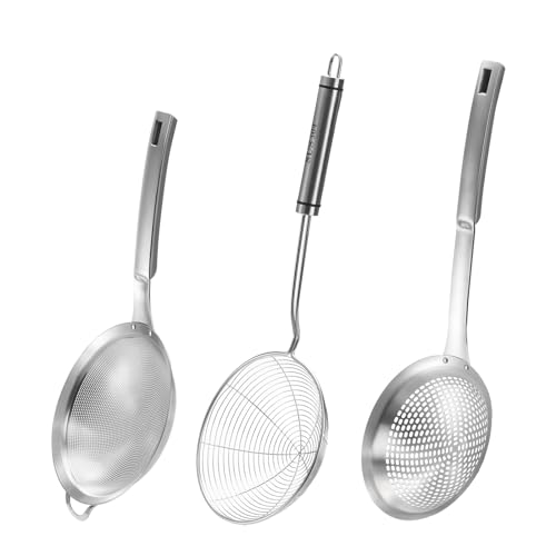 Suwimut 3 Pieces Spider Strainer Skimmer Spoon Set, Fine Mesh Stainless Steel Sieve Food Strainer, Large Holes Slotted Colander Frying Spoon, Strainer Ladle Wire Skimmer Spoon with Handle for Kitchen