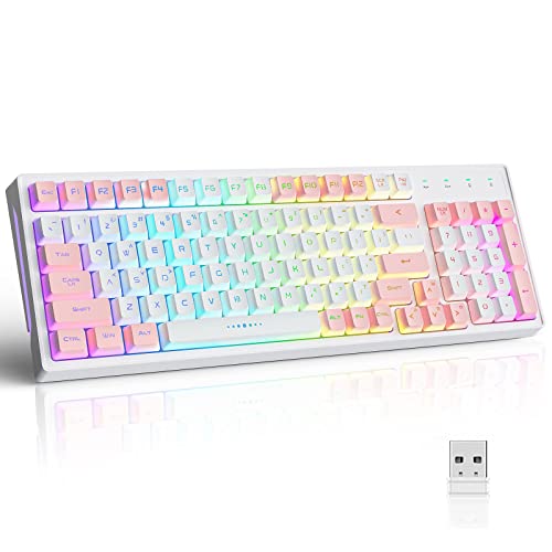 GK98 Wireless Gaming Keyboard,2.4G Rechargeable RGB White Backlit Ergonomic 98 keys Mechanical Feeling Dual Color Keyboard for Office Windows Mac PC Xbox PS4 Gamer(WhitePink)