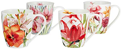 PULCHRITUDIE 12 Oz Coffee Tea Mugs Set, Fine Porcelain Floral Design, Set of Four