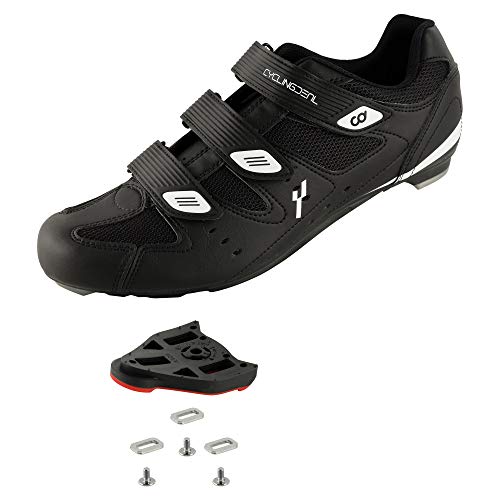 CyclingDeal Bicycle Road Bike Universal Cleat Mount Men's Cycling Shoes Black with 9-Degree Floating Look ARC Delta Compatible Cleats Compatible with Peloton Indoor Bikes Pedals Size 48