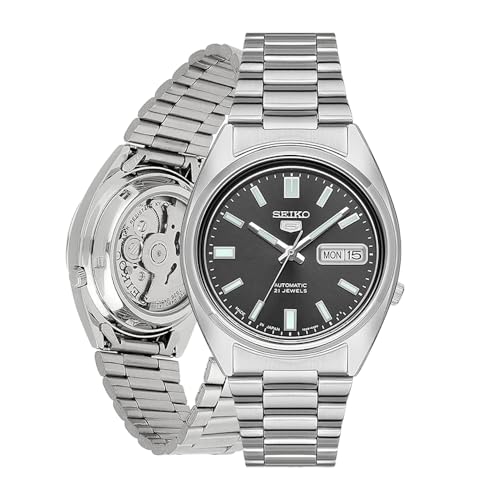 SEIKO SNXS79 Automatic Watch for Men 5-7S Collection - Black Dial on Silver with Luminous Hands, Day/Date Calendar, Stainless Steel Case & Bracelet