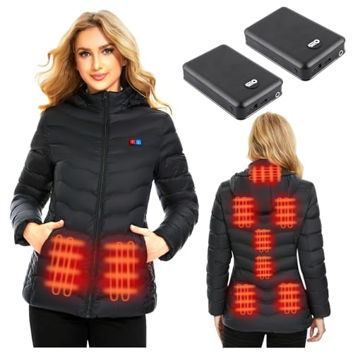 QTREE intelligence Women’s Heated Jacket with 2pcs Battery Pack, Slim Fit Heating Jackets and Detachable Hood（L）