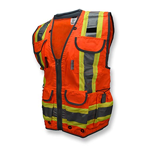 Radians SV55 Class 2 Heavy Woven Two Tone Engineer Vest with Padded Neck to Support Extra Weight in Cargo Pockets, Orange, Large