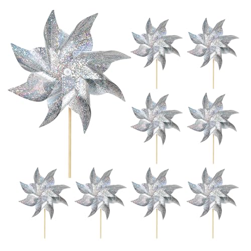 10 Pack Reflective Pinwheels for Yard and Garden, Wind Spinners Outdoor Bird Scare Devices, Sparkly Windmills for Garden Decor Scare Birds Away Garden Wind Spinners for Outside Patio Garden