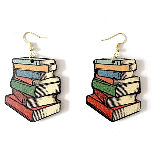 Colorful Classic Stackable Book Earrings, Personality Stack of Books Drop Dangle Earrings, Wooden Earrings Teacher Earrings for Women, Book Lover Gifts for Women Girls Librarian Teacher Student